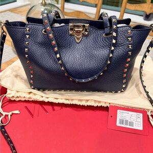 Authentic Valentino Small Rockstud Tote Navy Blue